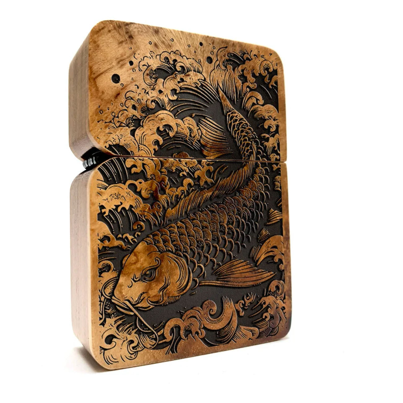 ENGRAVED LIGHTER Koi Fish, Windproof lighter With Wood cover, Cigar Lighter, Lighter Case, Lighter Sleeve, Lighter Holder, Custom Lighter