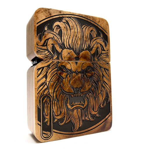 Engraved lighter cover with wood case, windproof cigar lighter sleeve holder lion king