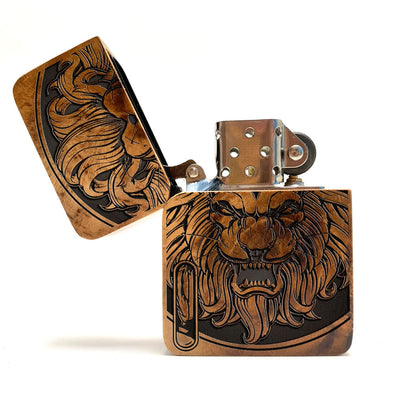 Engraved lighter cover with wood case, windproof cigar lighter sleeve holder lion king